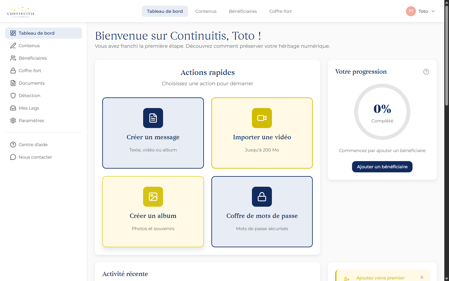 Tableau de bord Continuitis : actions rapides, progression, bénéficiaires et abonnement