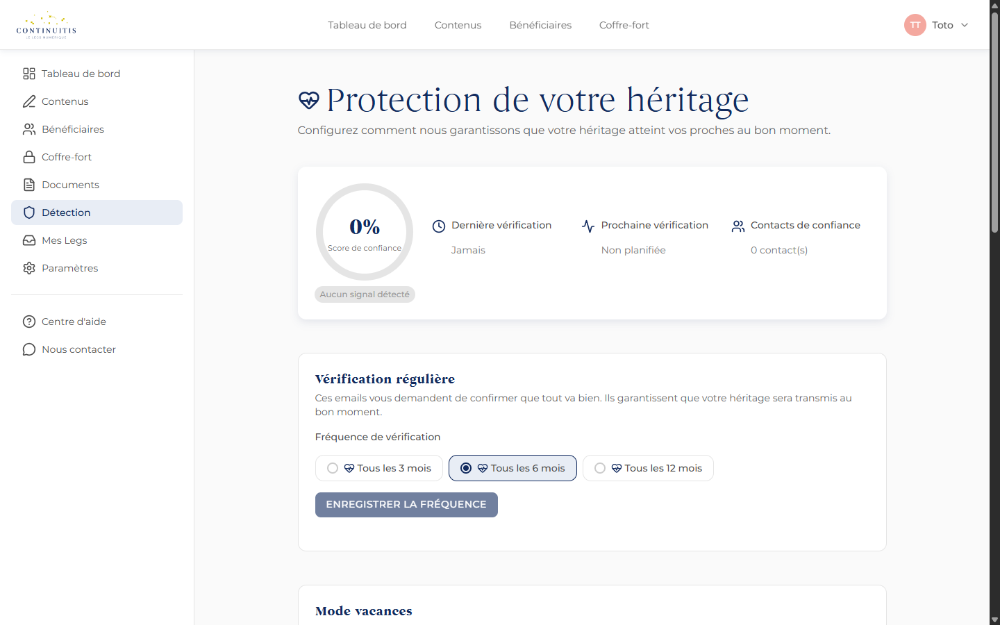 Configuration de la protection d'héritage : vérification régulière, mode vacances, contacts de confiance